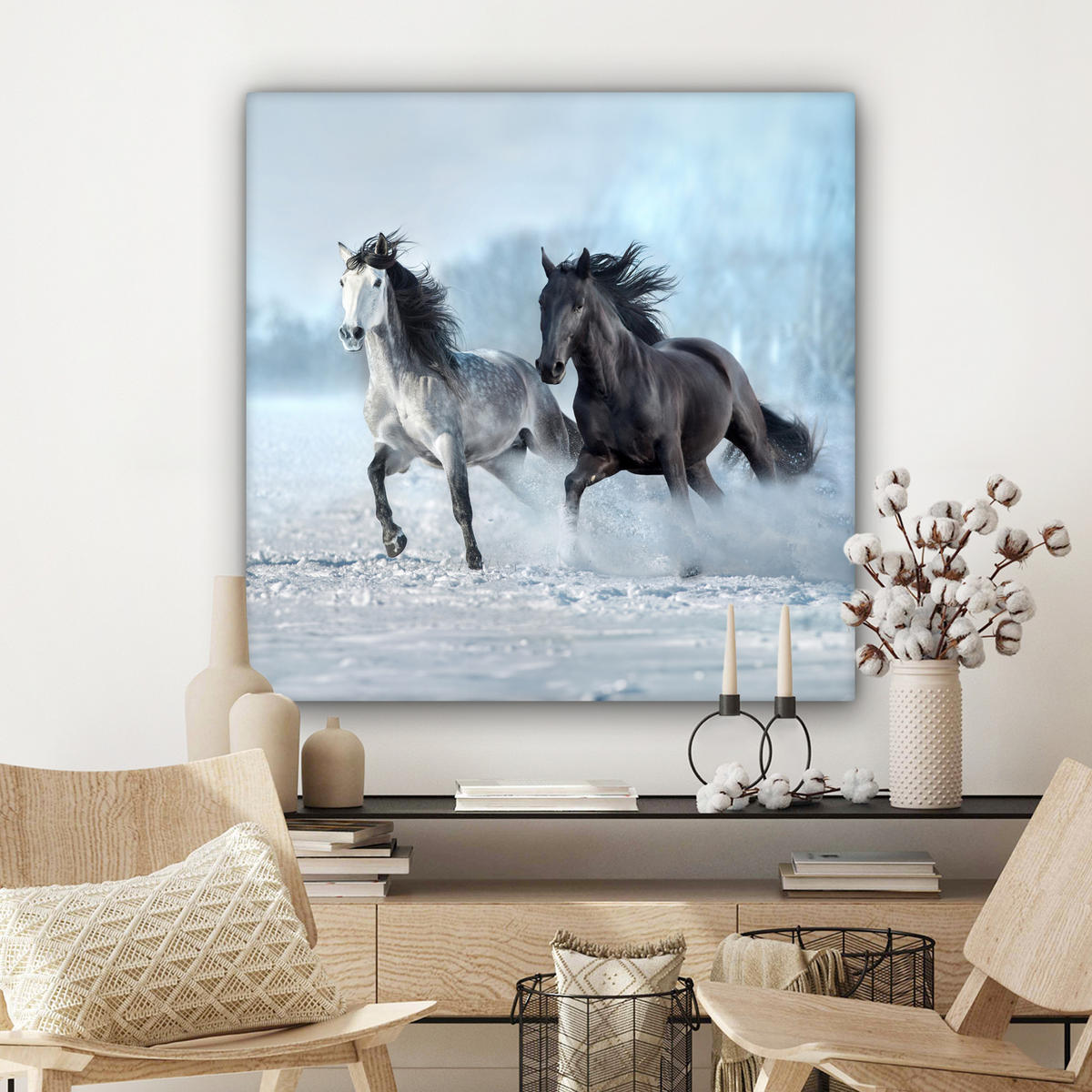 LEINWANDBILD Pferde - Winter - Tiere - Natur - Schnee Deko Groß 90x90 cm - Anthrazit, Textil (90/90cm) - MuchoWow