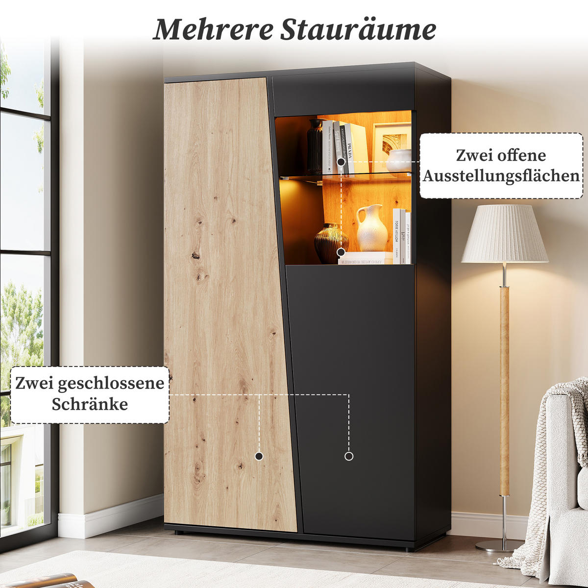 VITRINENSCHRANK 80/35/139,5 cm mit LED, Glastüren und verstellbaren Glasböden in Schwarz-Naturholzoptik - Schwarz/Naturfarben, Glas/Holzwerkstoff (80/139.5/35cm) - CHICFURN
