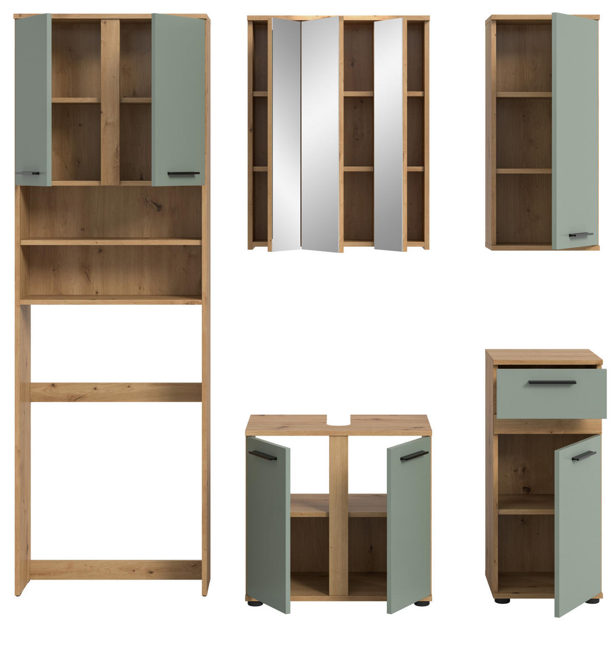 BADMÖBEL-SET 5-teilig Salbei grün, Artisan Eiche 192 cm, Badezimmerschränke mit viel Stauraum - Salbeigrün/Schwarz, Glas/Holzwerkstoff (192/191/34cm) - Inn.Furn