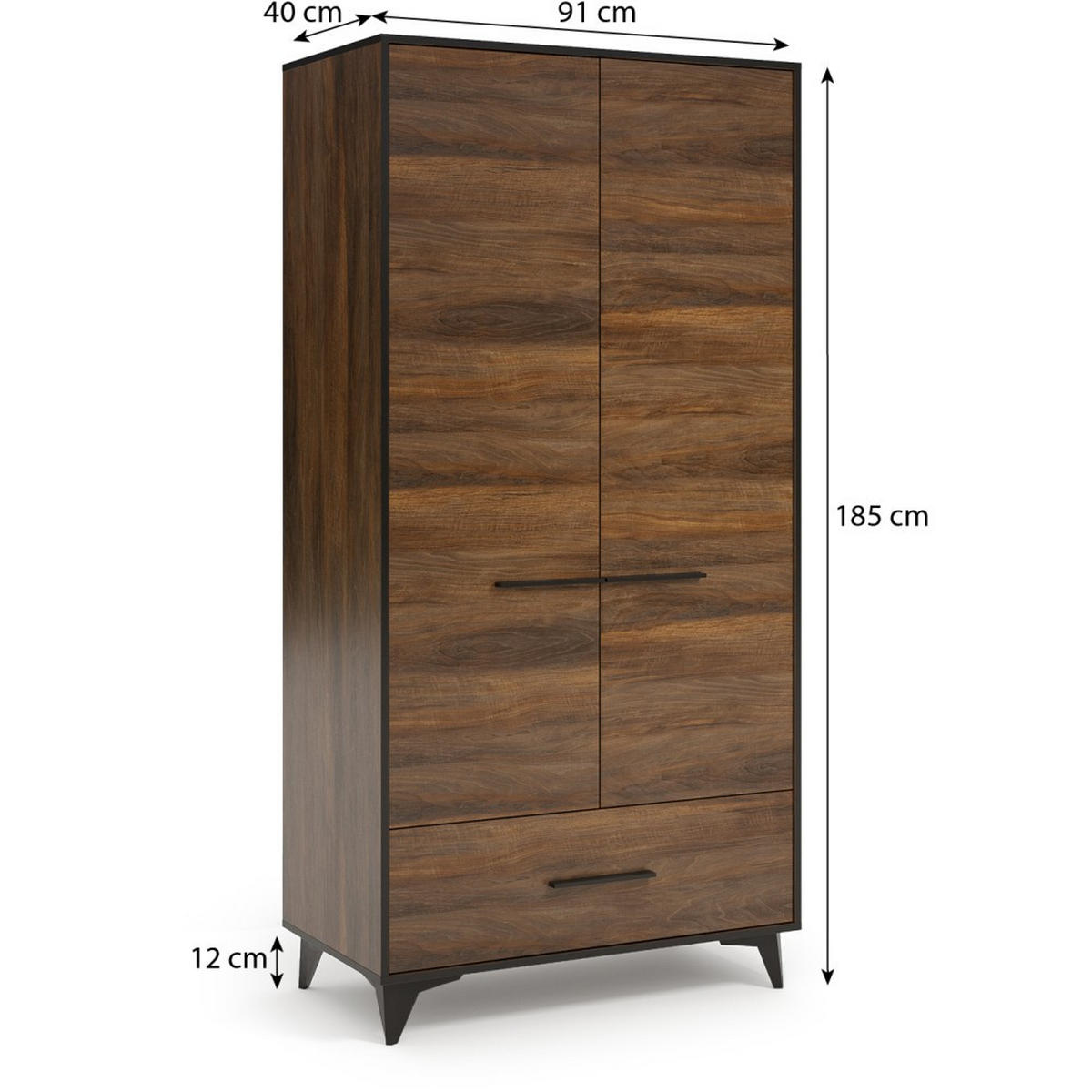 DREHTÜRENSCHRANK Felia mit 2 Türen und 1 Schublade, 91 cm - Walnussfarben/Schwarz, Holzwerkstoff (91/185/40cm) - Beautysofa