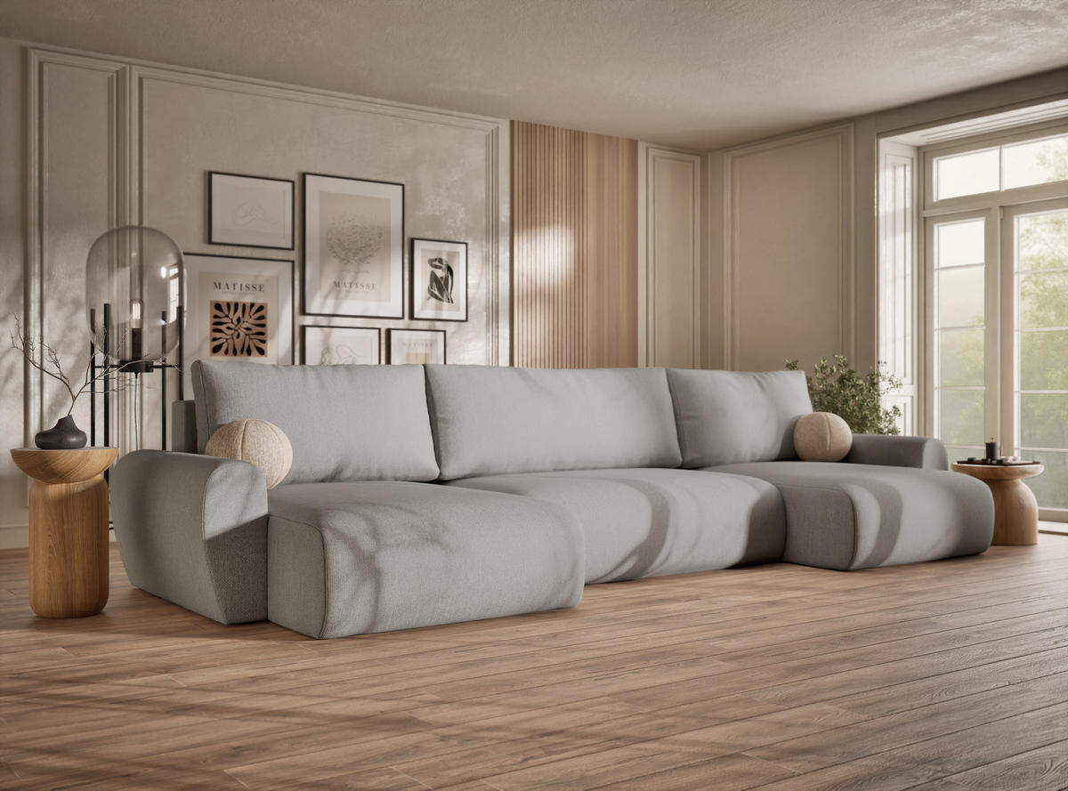 WOHNLANDSCHAFT MIT SCHLAFFUNKTION Numba Hellgrau Webstoff - Hellgrau/Schwarz, Holz/Holzwerkstoff (397/70/153cm) - Maison de Reve
