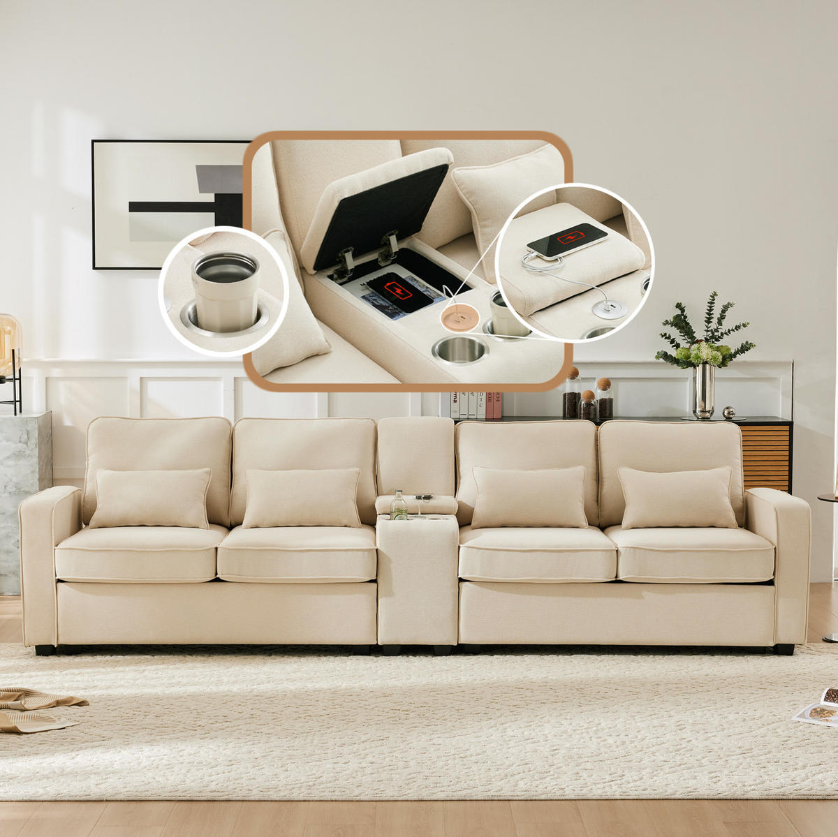 4-SITZER Sofa Leinenstoff mit Konsole USB-Anschluss und 2 Getränkehaltern 290/83/88 cm Beige - Beige, Textil (88/290/83cm) - Redom