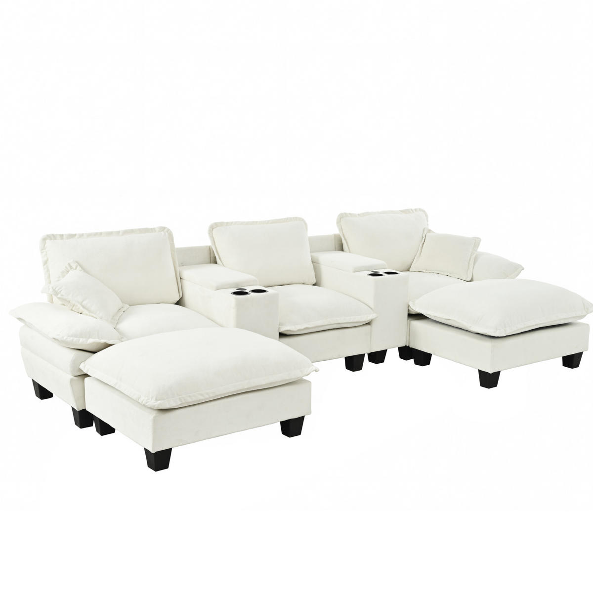 WOHNLANDSCHAFT aus Chenille 323x151x90 cm Beige mit USB-Anschluss, Stauraum, Getränkehaltern und 2 Ottomane - Beige, Textil (323/90/151cm) - Modfu