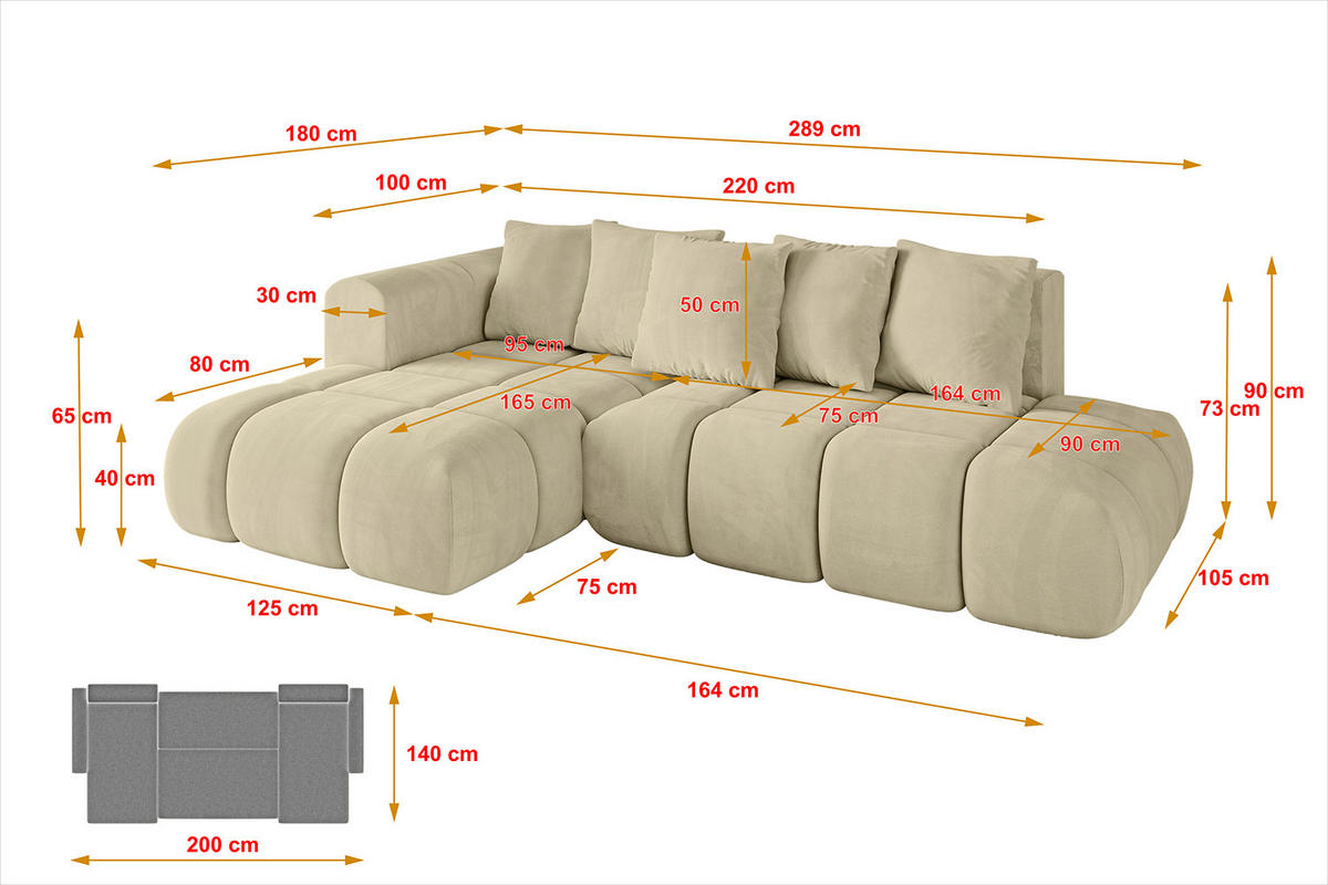 ECKSOFA Ottomane Links CLOUD-L-v1 289x180x40 Beige Velours - Beige, Holzwerkstoff/Kunststoff (180/289cm) - ALTDECOR