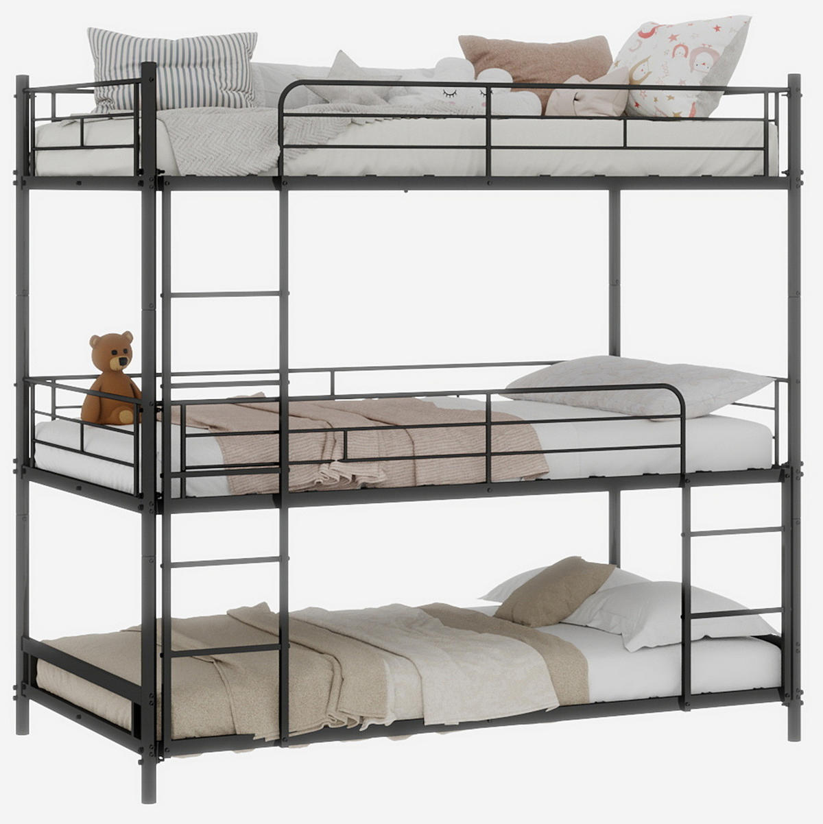 DREIFACH-ETAGENBETT 90/180 cm schwarz aus Metall mit Leitern und Geländer - Schwarz, Metall (90/190cm) - OKWISH