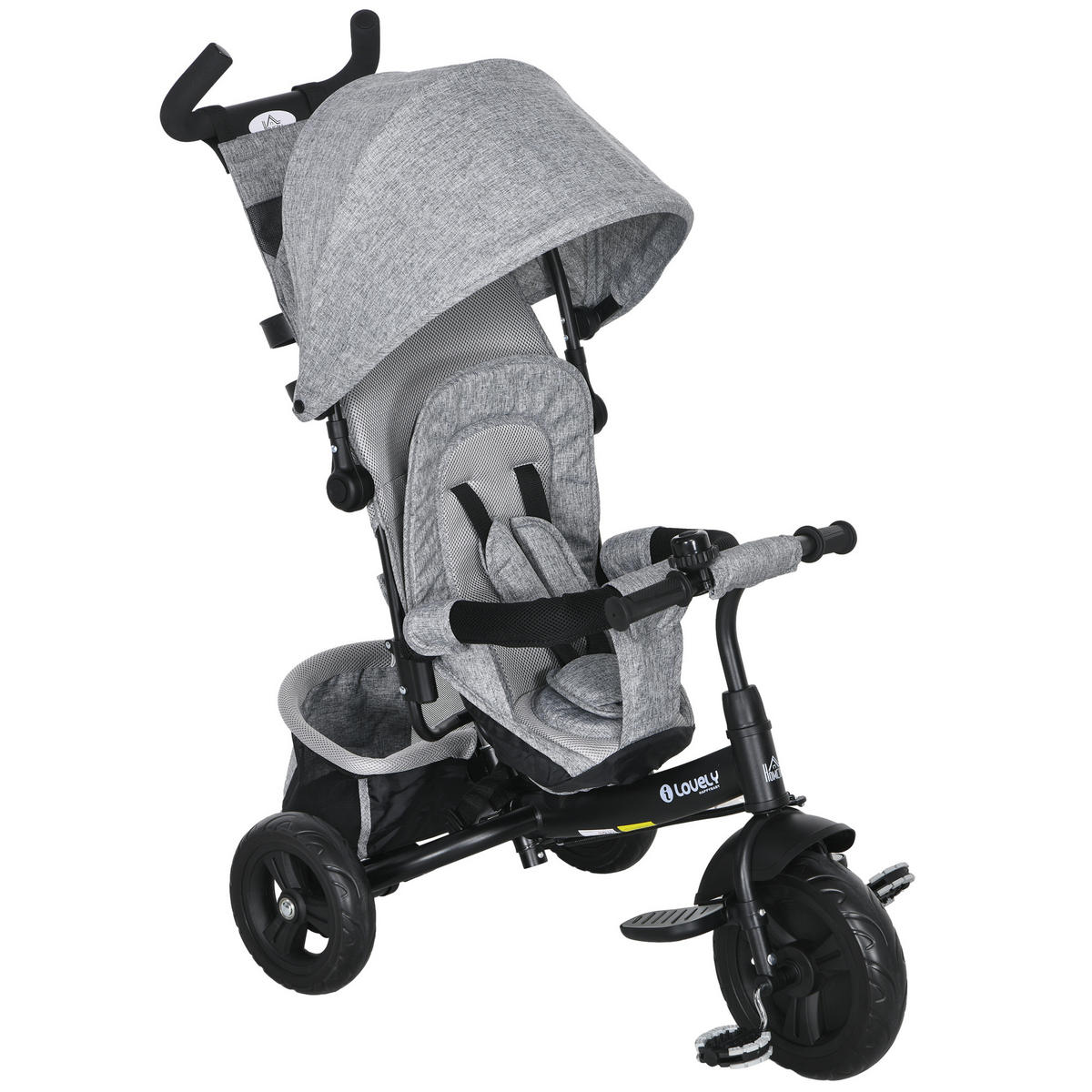 6-IN-1 Dreirad mit Schubstange, Kinderdreirad mit abnehmbarem Sonnendach - Grau, Metall (102/49/102cm) - HOMCOM