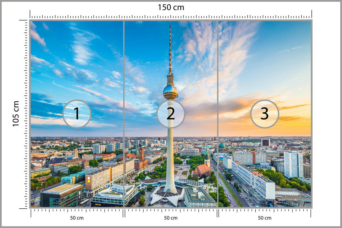 FOTOTAPETE für Wohnzimmer Fernsehturm Berlin Stadt Wolkenkratzer 150x105 - Beige/Orange, Papier (150/105cm) - Muralo