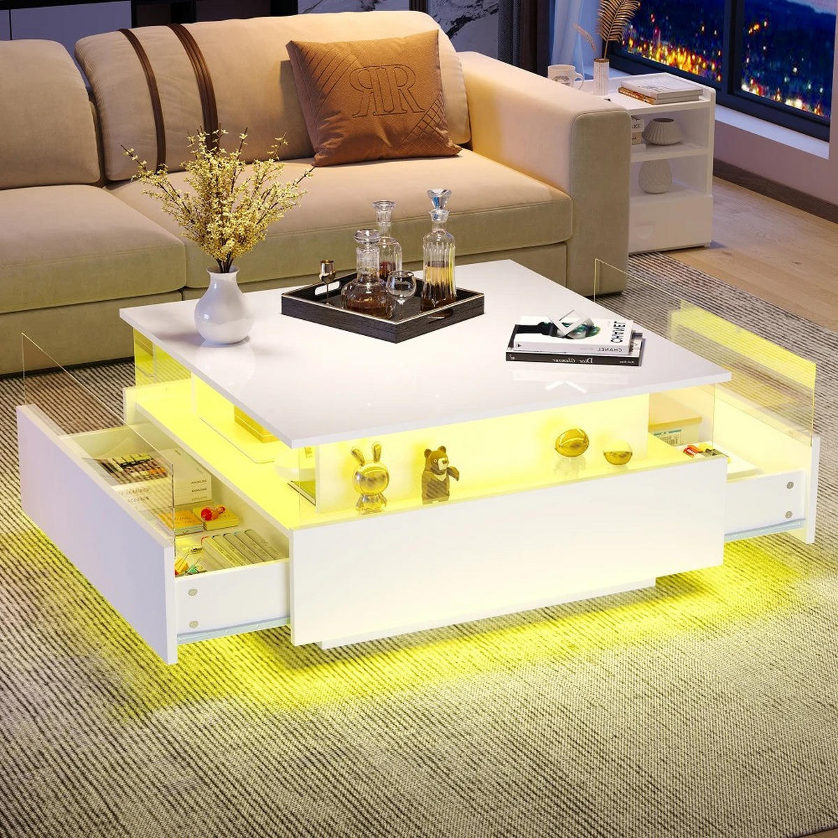 COUCHTISCH, Weiß, Hochglanz-LED, 70 x 70 x 41 cm, mit Schubladen - Weiß, Holzwerkstoff (70/70/41cm) - Kaket