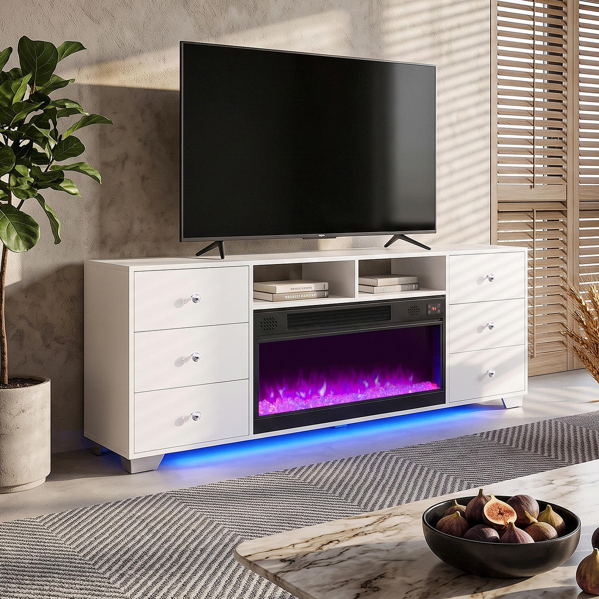 TV-SCHRANK mit Elektrokamin Beleuchtung RGB Lowboard 6 Schubladen 180/40/65CM - Weiß/Grau, Glas/Metall (180/65/40cm) - VANITII
