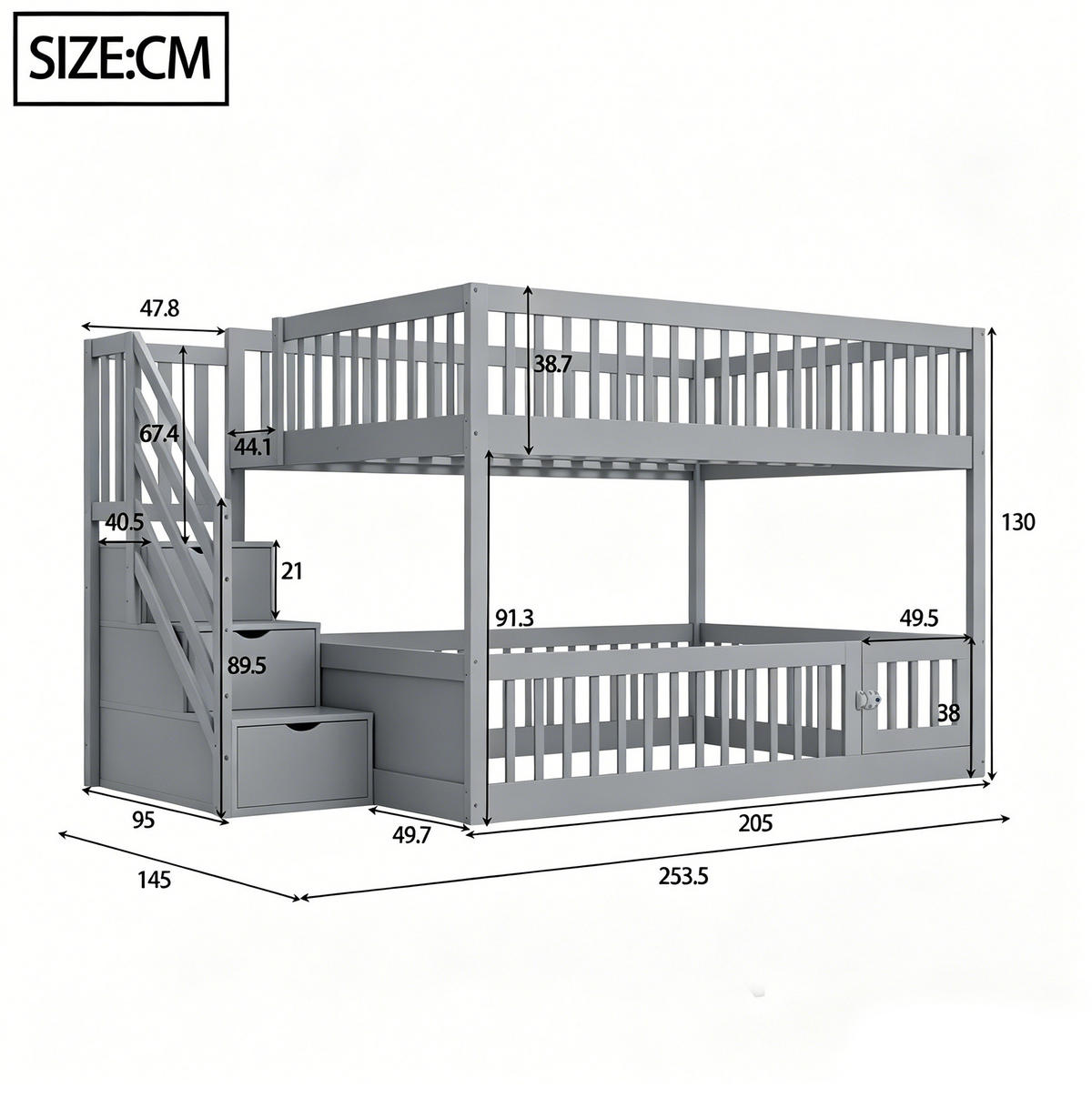 ETAGENBETT 140/200 cm grau aus Massivholz mit Stauraumtreppe - Grau, Holzwerkstoff (140/200cm) - OKWISH