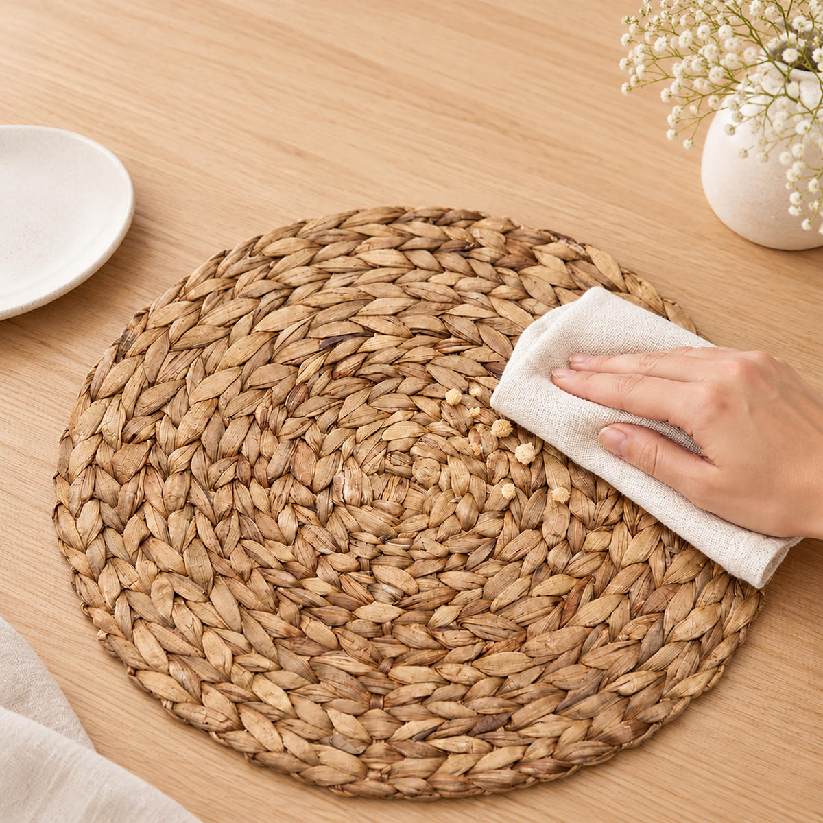 PROSTÍRÁNÍ přírodní 4dílná-sada vodní hyacint kulaté 35 cm - světle hnědá, textil (35/35/1cm) - Relaxdays