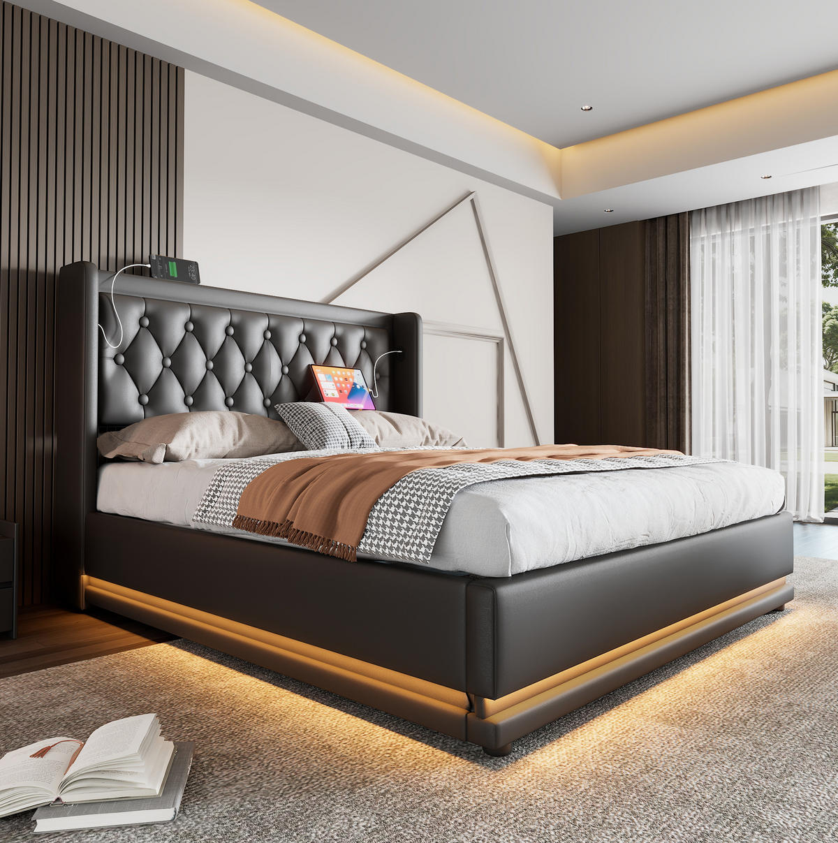 TAPECIRANI krevet od PU 140x200 cm crna s LED rasvjetom, USB i Type-C priključcima te hidrauličkim spremištem - crna, koža (140/200cm) - Modfu
