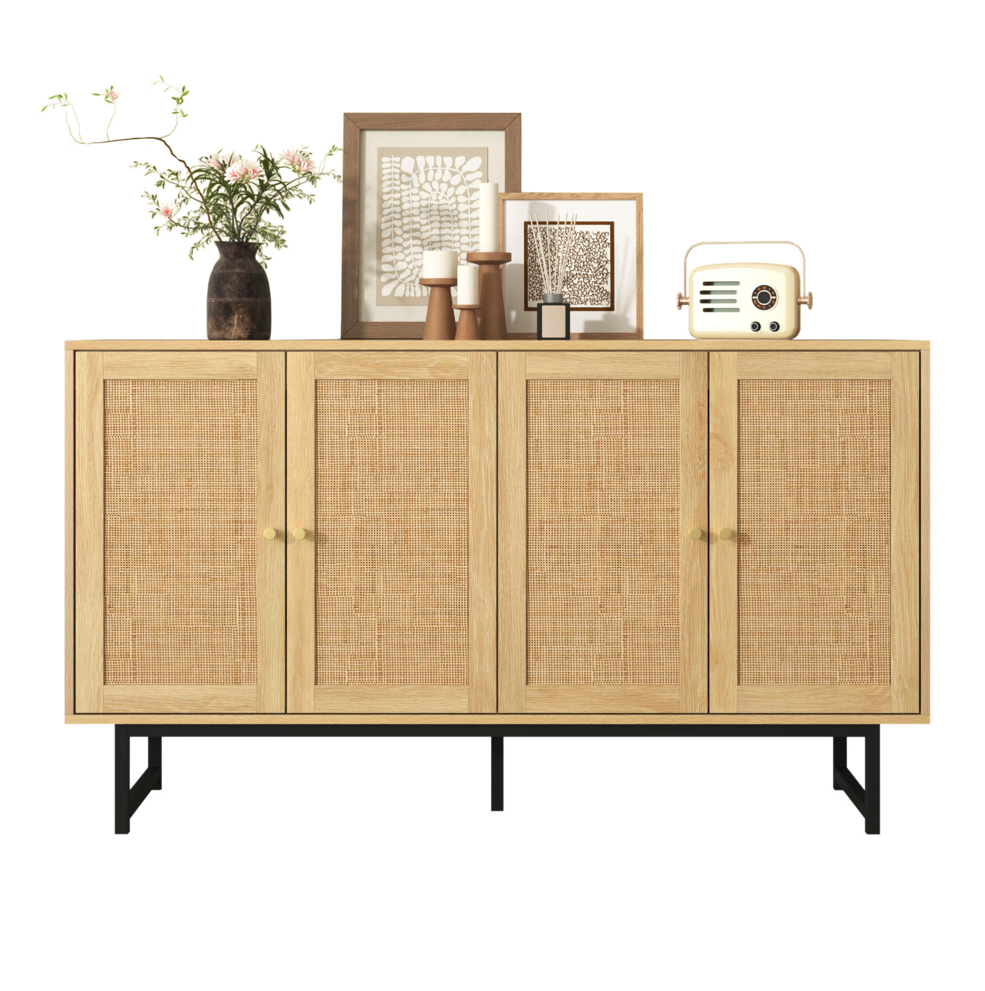 OKWISH KOMODA 140/39,5/80 cm dřevodekor z dřevotřísky s ratanovým výpletem a 4 dvířky