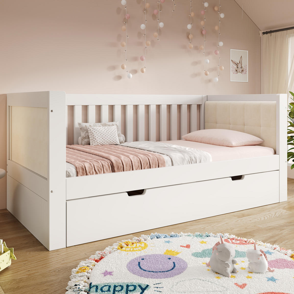 JUGENDBETT 90/200 mit Ausziehbett und Lattenrost in Weiß - Weiß, Holzwerkstoff (90/200cm) - EVRYAE