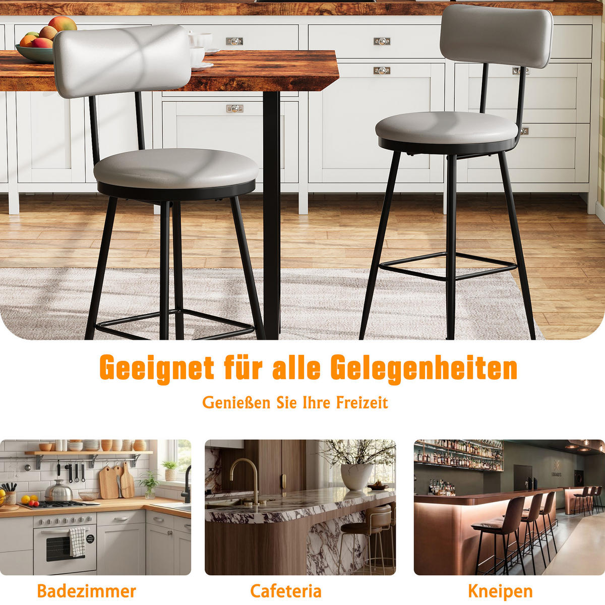 BARHOCKER 2er-Set mit Rückenlehne, Braun - Grau, Metall (34/85.5/34cm)