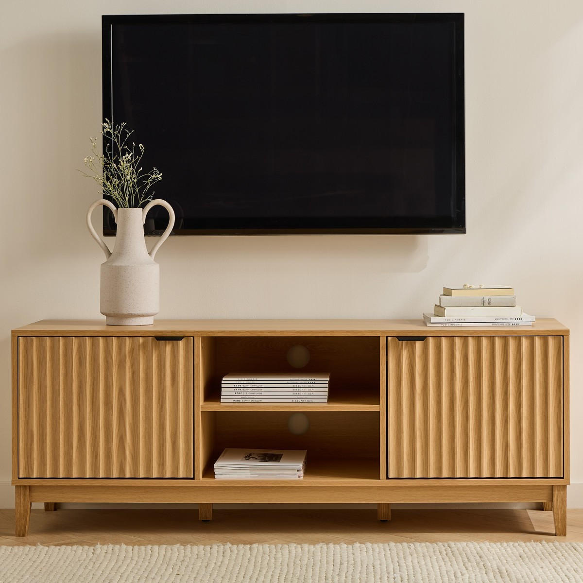 TV-MÖBEL mit 2 offenen Fächern und 2 Türen mit geriffelter Front bologne 40/52/140 cm - Eiche Bianco, Holzwerkstoff (140/52/46cm) - Calicosy