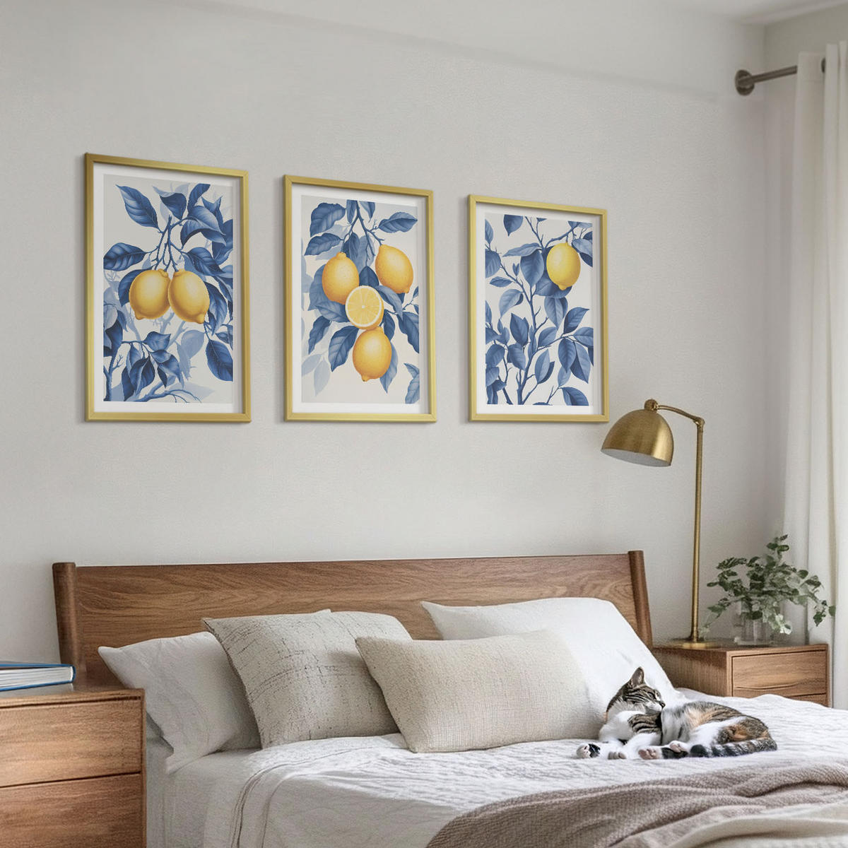 WANDBILDER 3er Set - 40x60 cm Goldrahmen - Zitronenzweige mit blauen Blättern - Goldfarben, Kunststoff (40/60cm) - ArtPrintCave