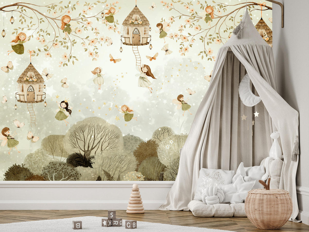 FOTOTAPETE für Kinderzimmer Waldfeen Blumen Sterne Schmetterlinge Baum 400x280 - Beige/Orange, Papier (400/280cm) - Muralo