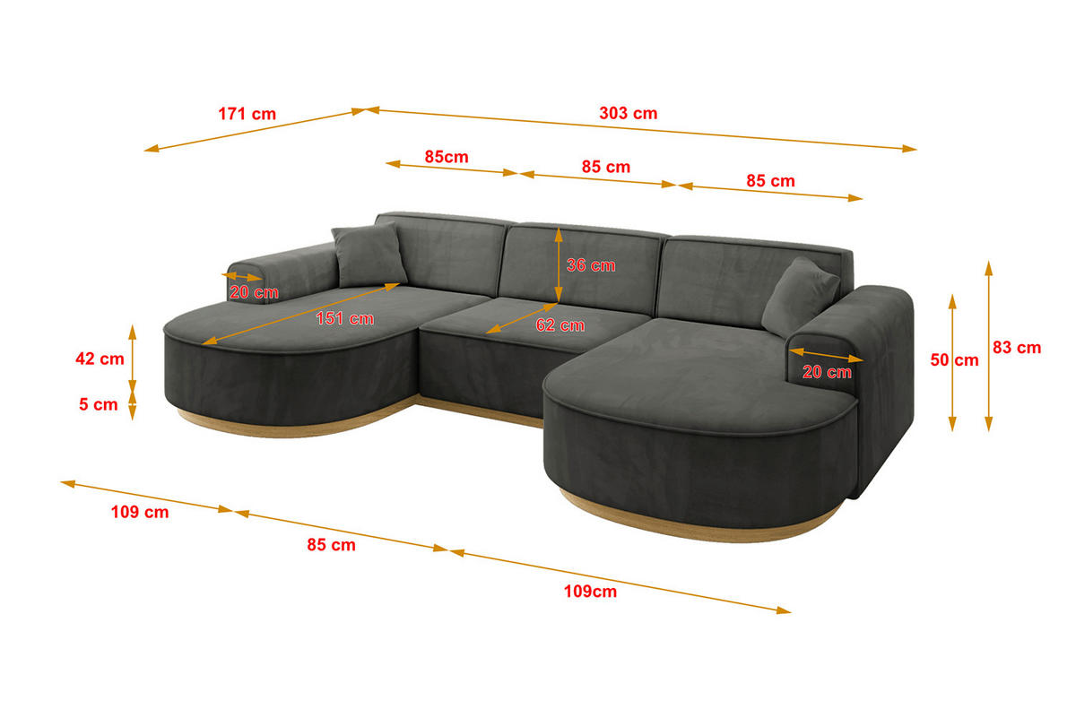 WOHNLANDSCHAFT MARI-U1-v2 - 303x171x83 cm Dunkelgrau Velours - Dunkelgrau, Holzwerkstoff/Textil (303/83/171cm) - ALTDECOR