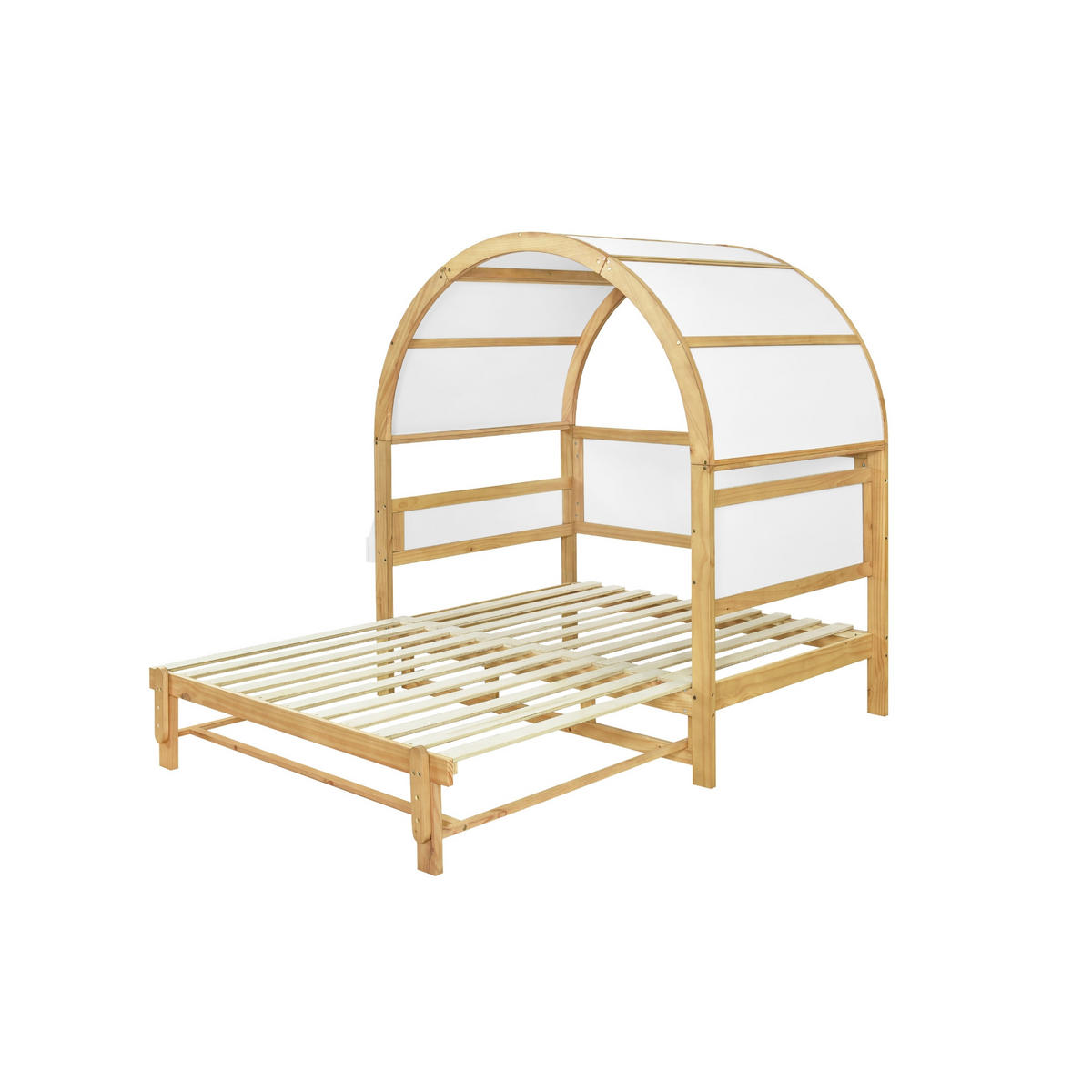 HAUSBETT 140/200 cm Ausziehbar mit Schiebebett Weiß+Natur aus Kiefer - Weiß, Holzwerkstoff (140/200cm) - OKWISH