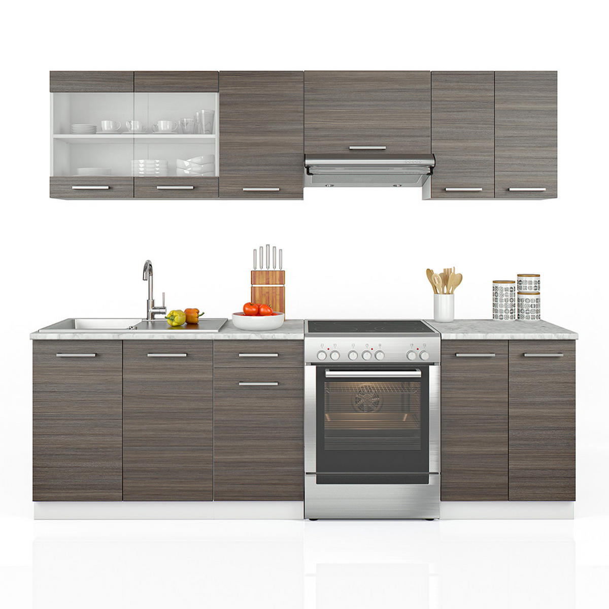 KÜCHENZEILE Raul Edelgrau 240 cm, AP Marmor - Braun/Weiß, Holzwerkstoff (240/81.6/60cm) - Vicco