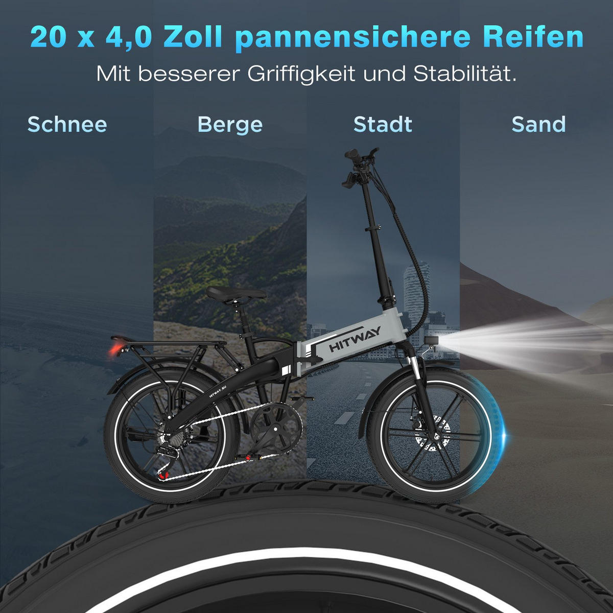 E-BIKE Klapprad BK10S1 20"×4.0", 624 Wh, 7-Gang, Aluminiumrahmen - Grau, Metall (38cm) - HITWAY