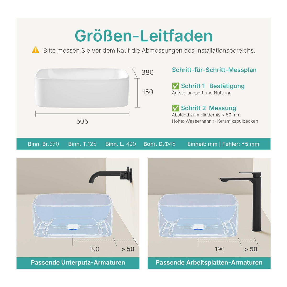 WASCHBECKEN mit pflegeleichter Oberfläche Weiß 50,5 / 38 / 15 cm - Weiß Hochglanz, Keramik (38/15/50.5cm) - EMKE