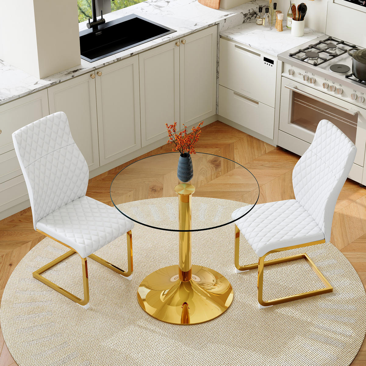ESSGRUPPE DE-39470 3-teilig, Glastisch und 2 Stühlen mit Rautenmuster Weiß - Weiß, Metall (85/75/85cm) - ComfortXL