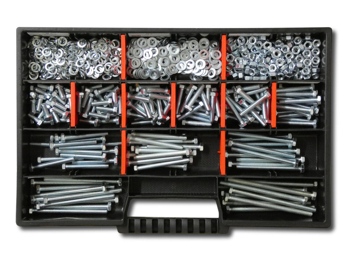 SCHRAUBENSET mit Sechskantschrauben, Muttern, Unterlegscheiben und Federringen M5 // 12mm-80mm 700 tlg - Zinkfarben, Metall (3.5cm) - Schraubenbox24