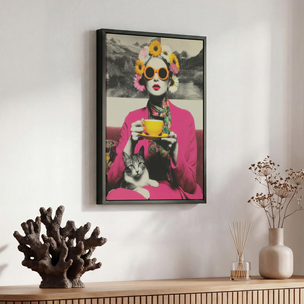 LEINWAND Bilder mit Rahmen - Frau - Katze - Blumen - Tasse - Retro - 30x40 - Magenta, Textil (30/40cm) - MuchoWow