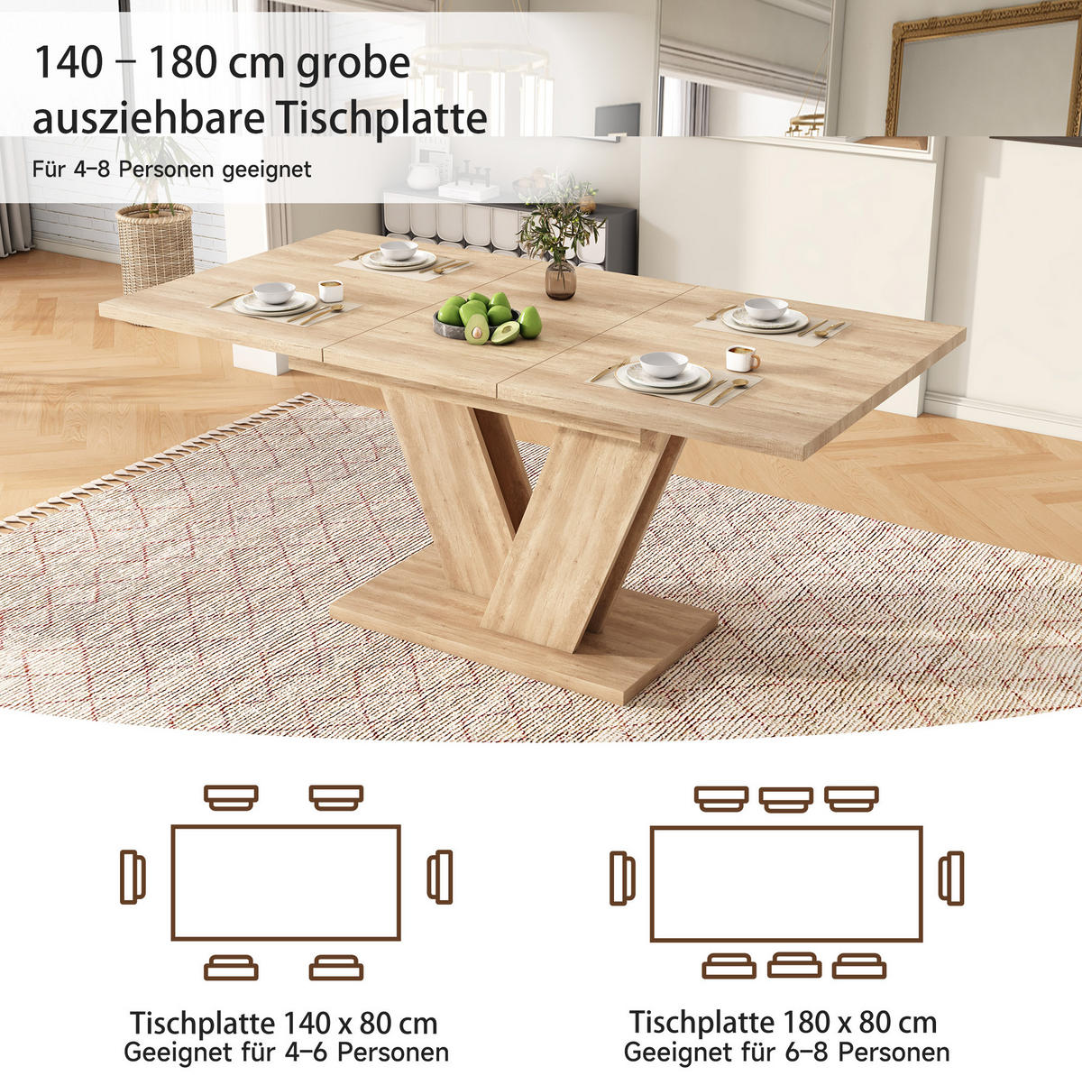 ESSTISCH 140/180/80 cm in Eichefarben ausziehbar mit V-förmigen Metallbeinen - Eichefarben, Holzwerkstoff (180/80/75.5cm) - Flora Grace
