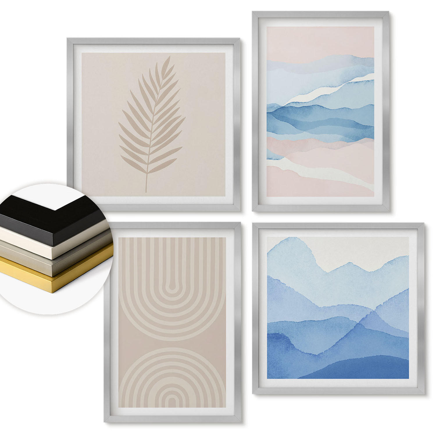 WANDBILDER 4er Set - 50x50 cm & 40x60 cm Silberner Rahmen - Blätterwellen beige blau - Silberfarben, Kunststoff (50/50cm) - ArtPrintCave