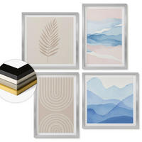 WANDBILDER 4er Set - 50x50 cm & 40x60 cm Silberner Rahmen - Blätterwellen beige blau - Silberfarben, Kunststoff (50/50cm) - ArtPrintCave