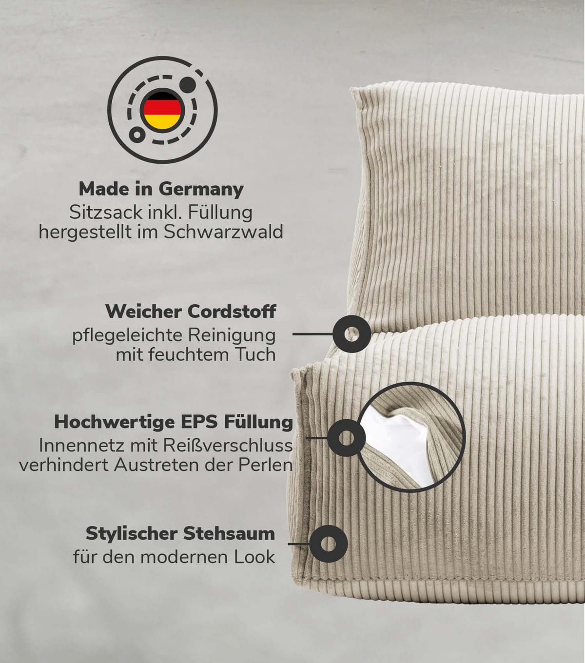 SITZSACK Cord Der Gelassene - Beige, Textil (100/65/65cm) - Mokebo