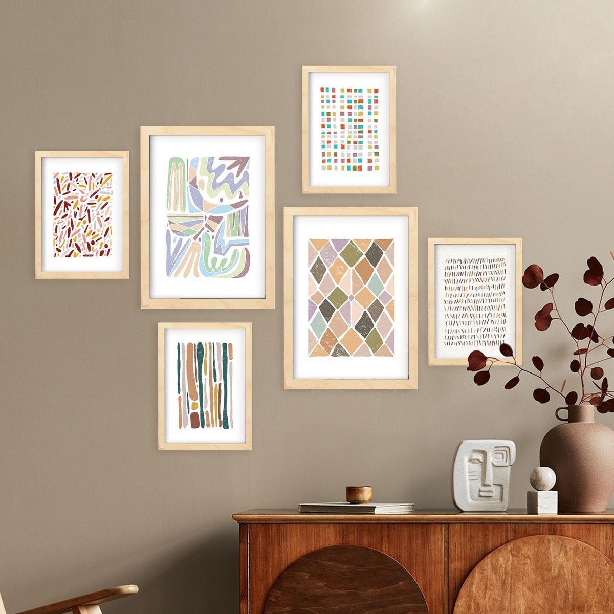 POSTER Set Mit 6 Drucken Von Mustern In Der Sammlung Von Ethnischenen Dekorative Rahmen Für Ihr Zuhause Wandkunstdruck A3 & A4 Rahmen Aus Hellem Holz - Beige, Papier (29/3cm) - Nacnic