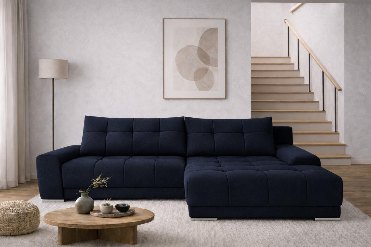 ECKSOFA WAVE Mit Schlaffunktion, Stoff SORO, Dunkelblau Rechts - Dunkelblau, Holz (281/105cm) - Kaiser Möbel