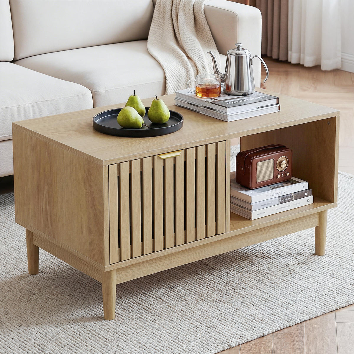 COUCHTISCH holzoptik & gitter-design mit schublade & offenen fächern - Eichefarben, Holzwerkstoff (50/80/45cm) - Urban Meuble