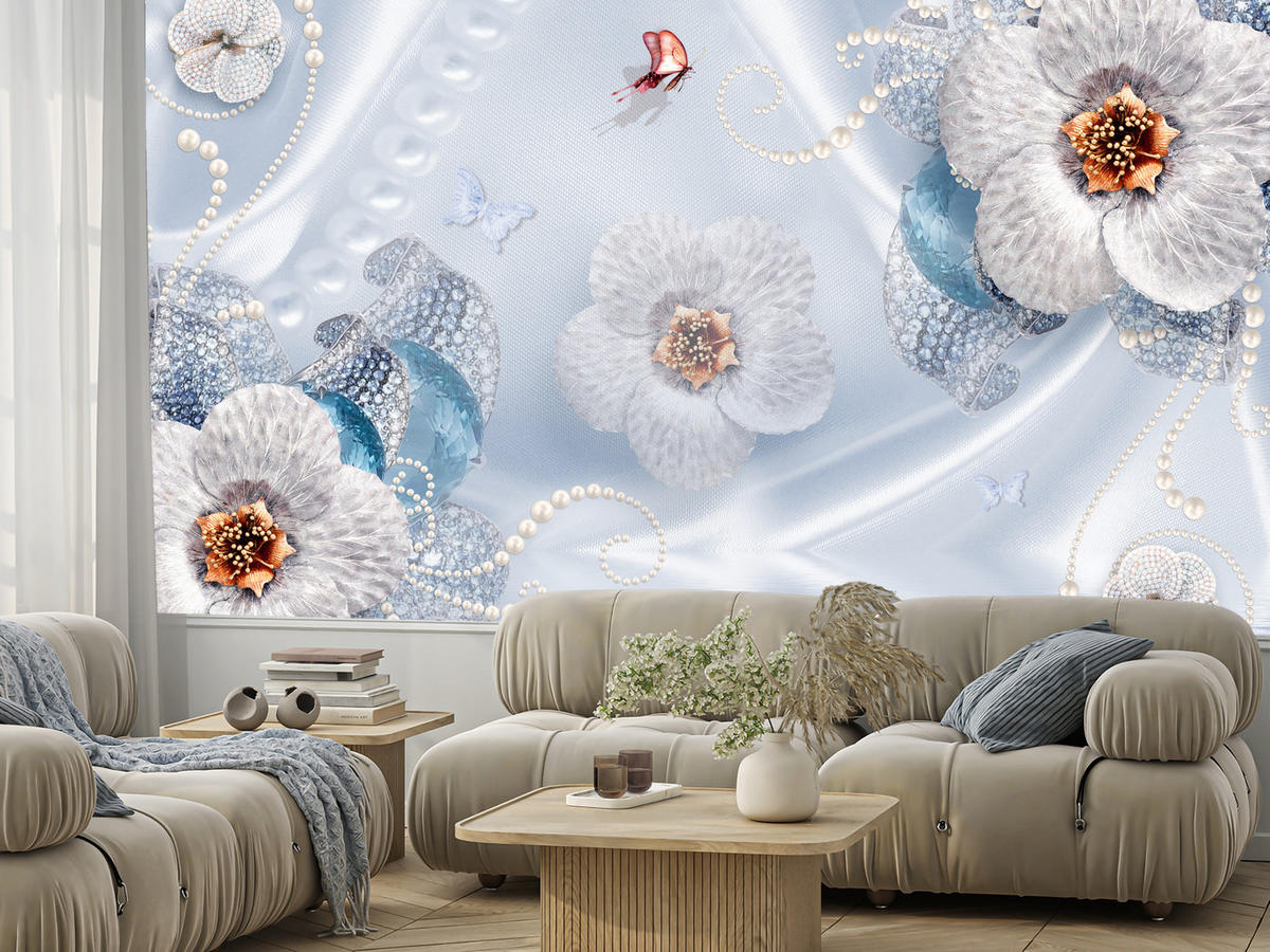 FOTOTAPETE für Schlafzimmer Blumen Perlen Schmetterlinge Blau 450x315 - Blau/Gelb, Papier (450/315cm) - Muralo