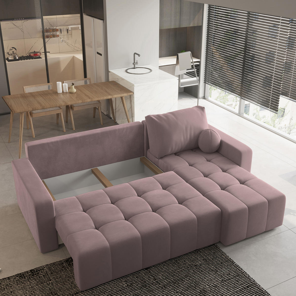 ECKSOFA VOLIRA Rosa Plüsch-Stoff mit Schlaffunktion - Rosa, Holz (230/143cm) - MASSENO