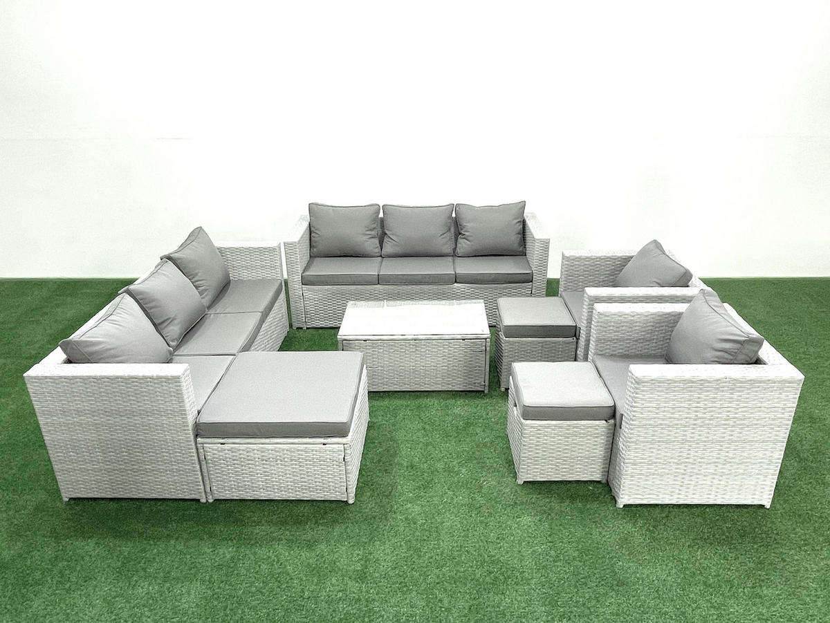 GARTENGARNITUR mit 3-SITZER SOFA,COUCHTISCH Polyrattan Hellgrau-Mix 11-Sitzer - Hellgrau/Grau, Glas/Kunststoff - Fimous