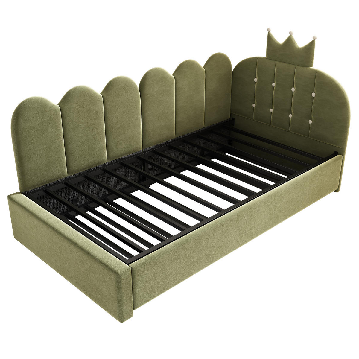 KINDERBETT Kindereinzelbetten 90/200 cm mit Ausziehbett 90/190 cm, L-Form, Kronen- und Gitterdesign aus Samt, Grün - Grün, Textil (90/200cm) - Redom