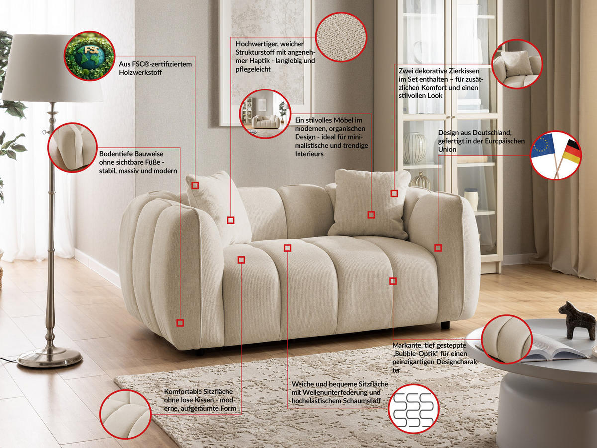 2-SITZER SOFA Nubira in tief gesteppter Bubble-Optik aus weichem Hellbeige Strukturstoff im modernen Design - Beige/Schwarz, Holz/Kunststoff (172/69/89cm) - S-Style Möbel