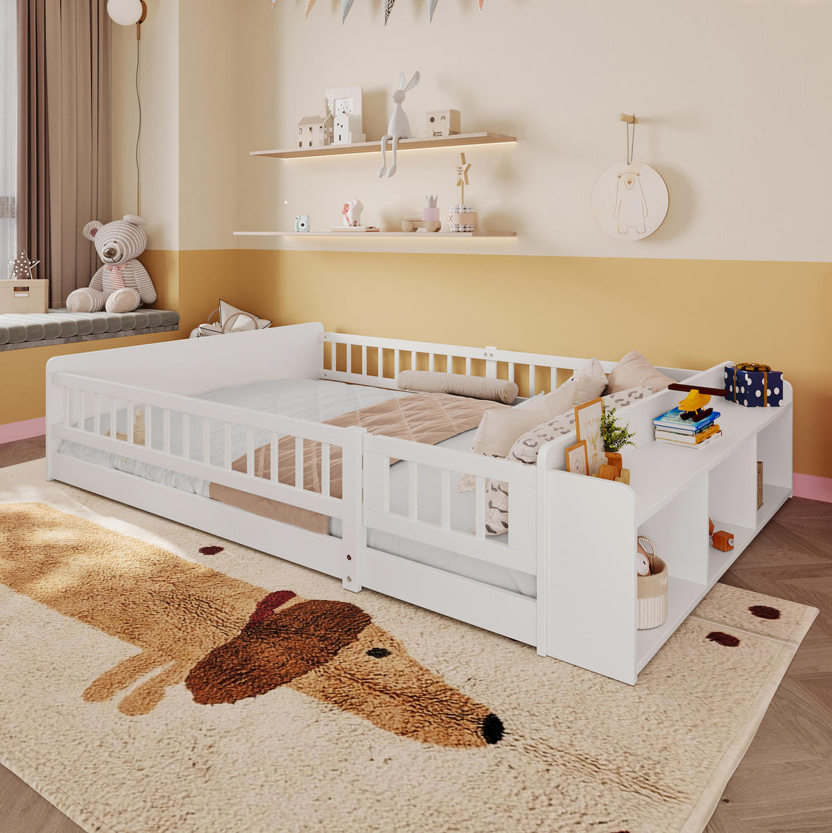 KINDERBETT aus Kiefernholz 140x190 cm Weiß mit offenem Stauraum, Regalen und öffnbarer Zauntür - Weiß, Holzwerkstoff (140/190cm) - Modfu