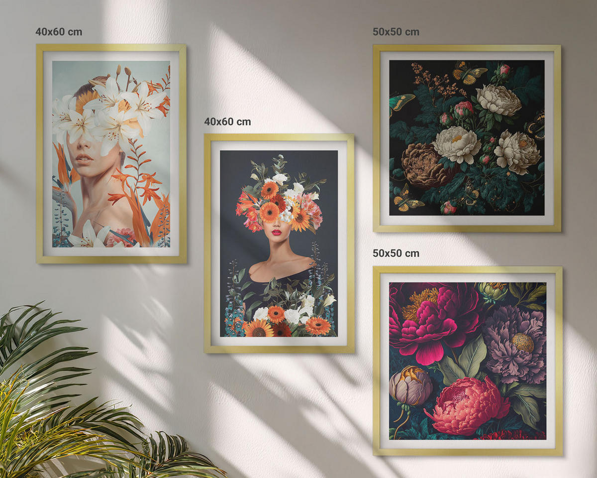 WANDBILDER 4er Set - 50x50 cm & 40x60 cm Goldrahmen - Blumenporträts, Sträuße, Blätter - Goldfarben, Kunststoff (50/50cm) - ArtPrintCave