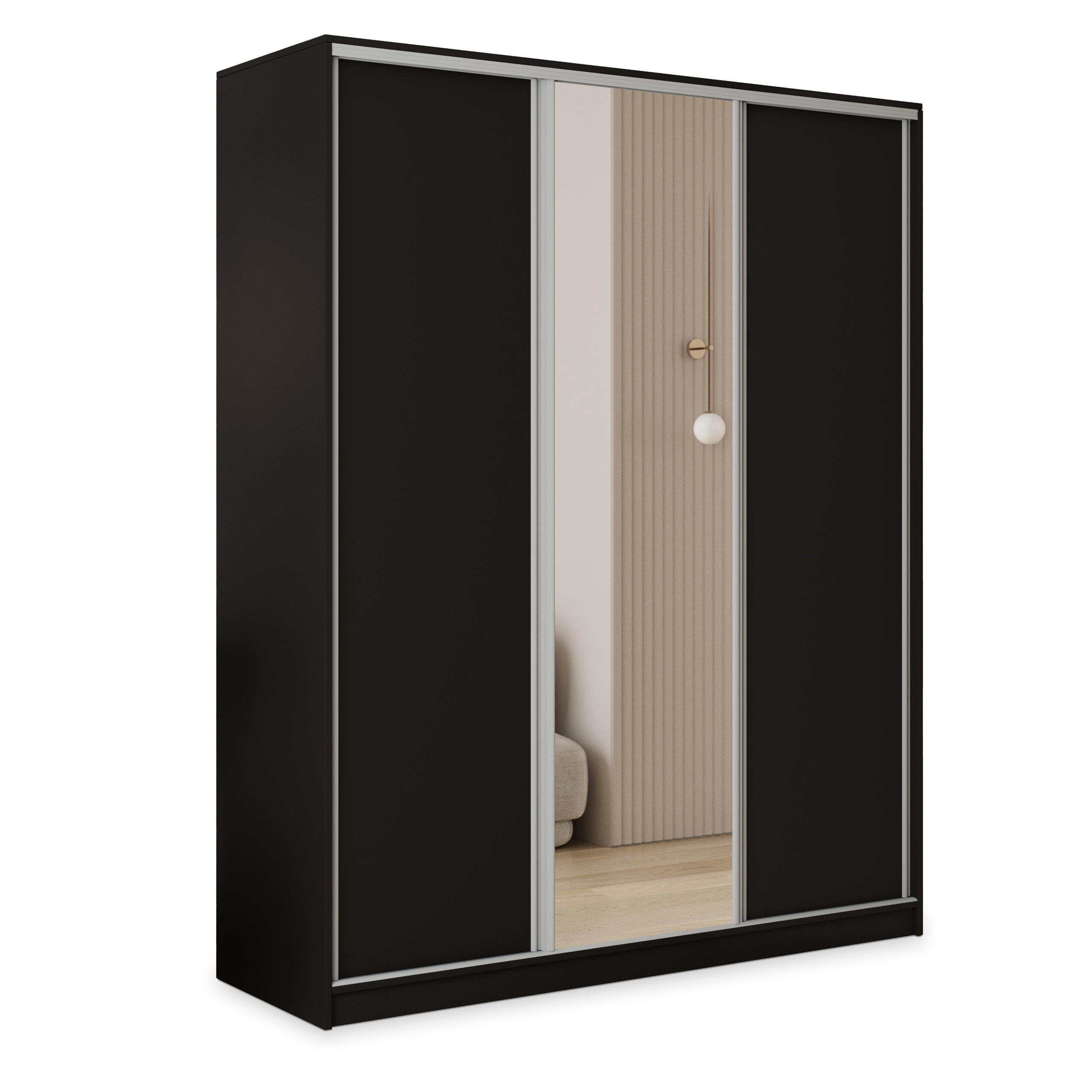 SCHWEBETÜRENSCHRANK TARI 160/205/58 cm 3-türig mit Spiegel und 4 Schubladen Schwarz - Schwarz, Holzwerkstoff (160/205/58cm) - MASSENO