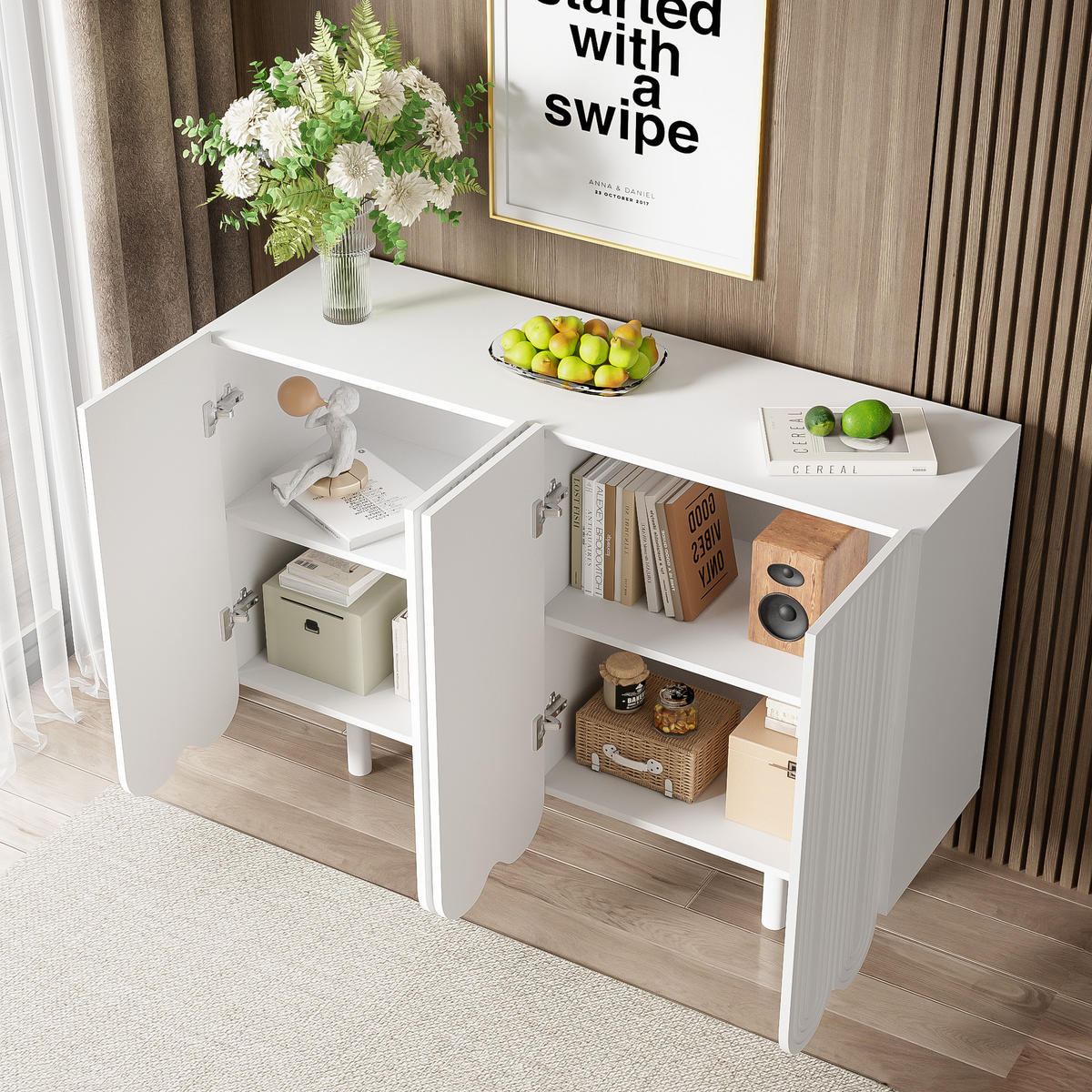 SIDEBOARD mit Metallfüßen und Rillen-Design - Weiß, Holzwerkstoff/Metall (120/80/37.5cm) - Urban Meuble