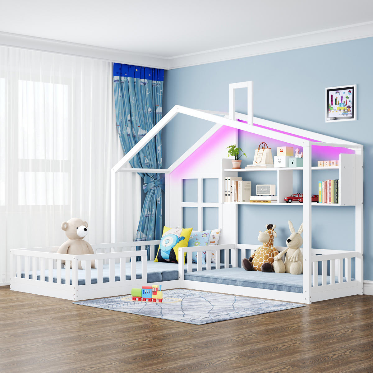 KINDERBETT 90/200 cm und 70/140 cm, Weiß mit LED-Beleuchtung und Regalen - Weiß, Holz (90/200cm) - MIVRAY