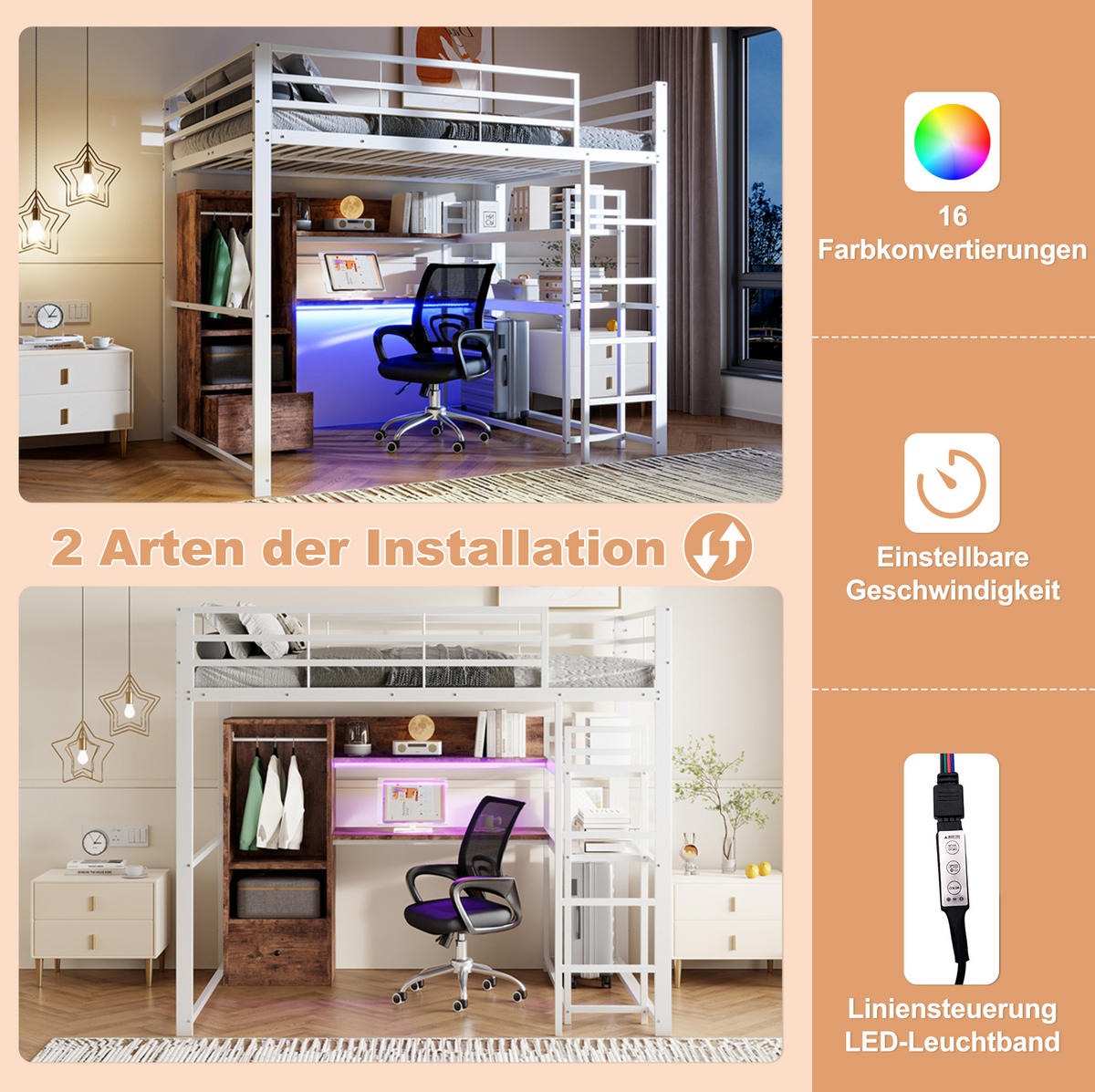 VISOKI krevet 140/200 cm s LED osvjetljenjem, radnim stolom, ladicom i policama, bijeli - bijela, drvni materijal (140/200cm) - Redom