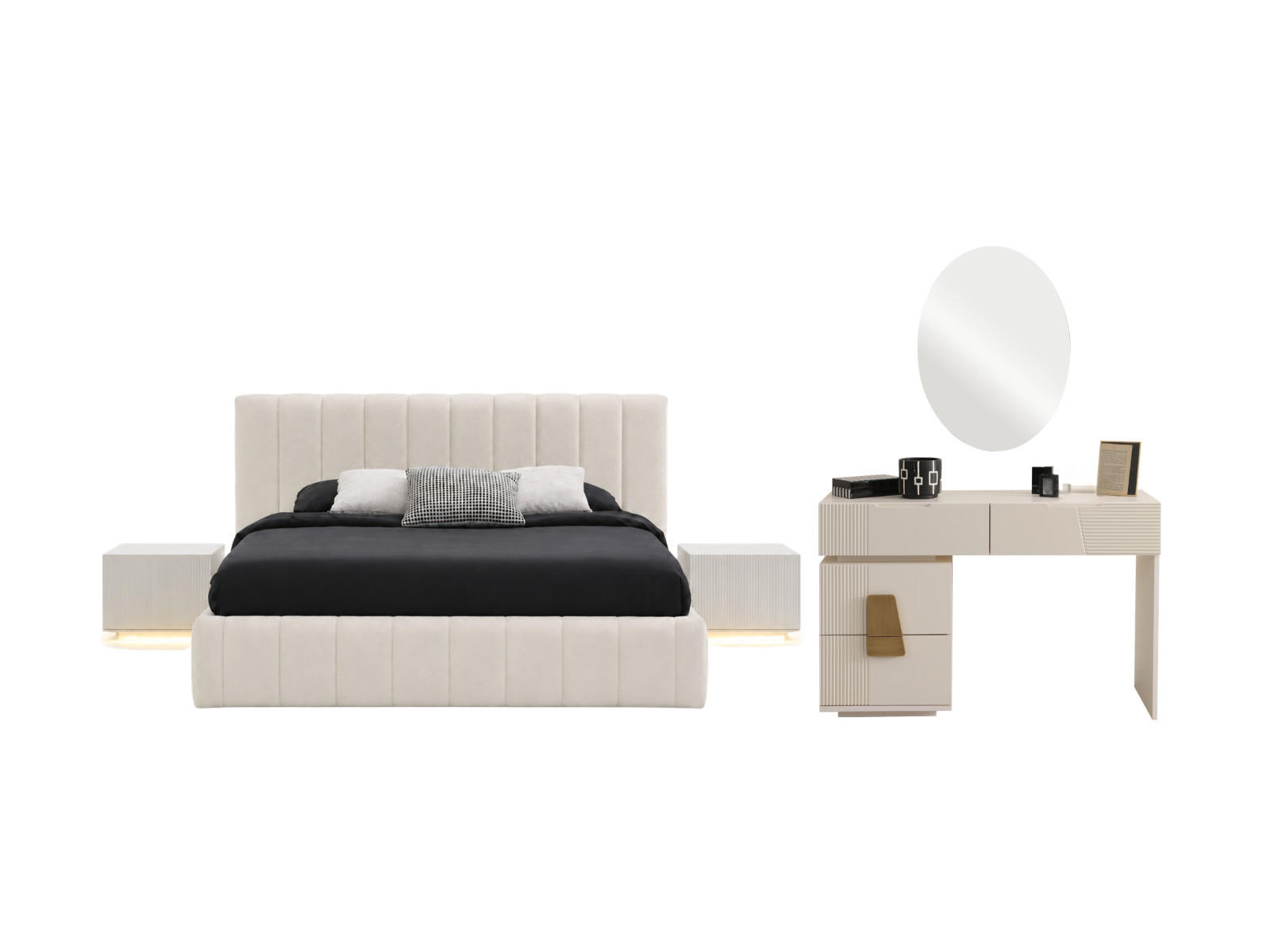 BETTANLAGE Velteria Typ-2 Bett mit Kopfteil 2 Nachttischen und Kommode - Creme, Holzwerkstoff (160/200cm)