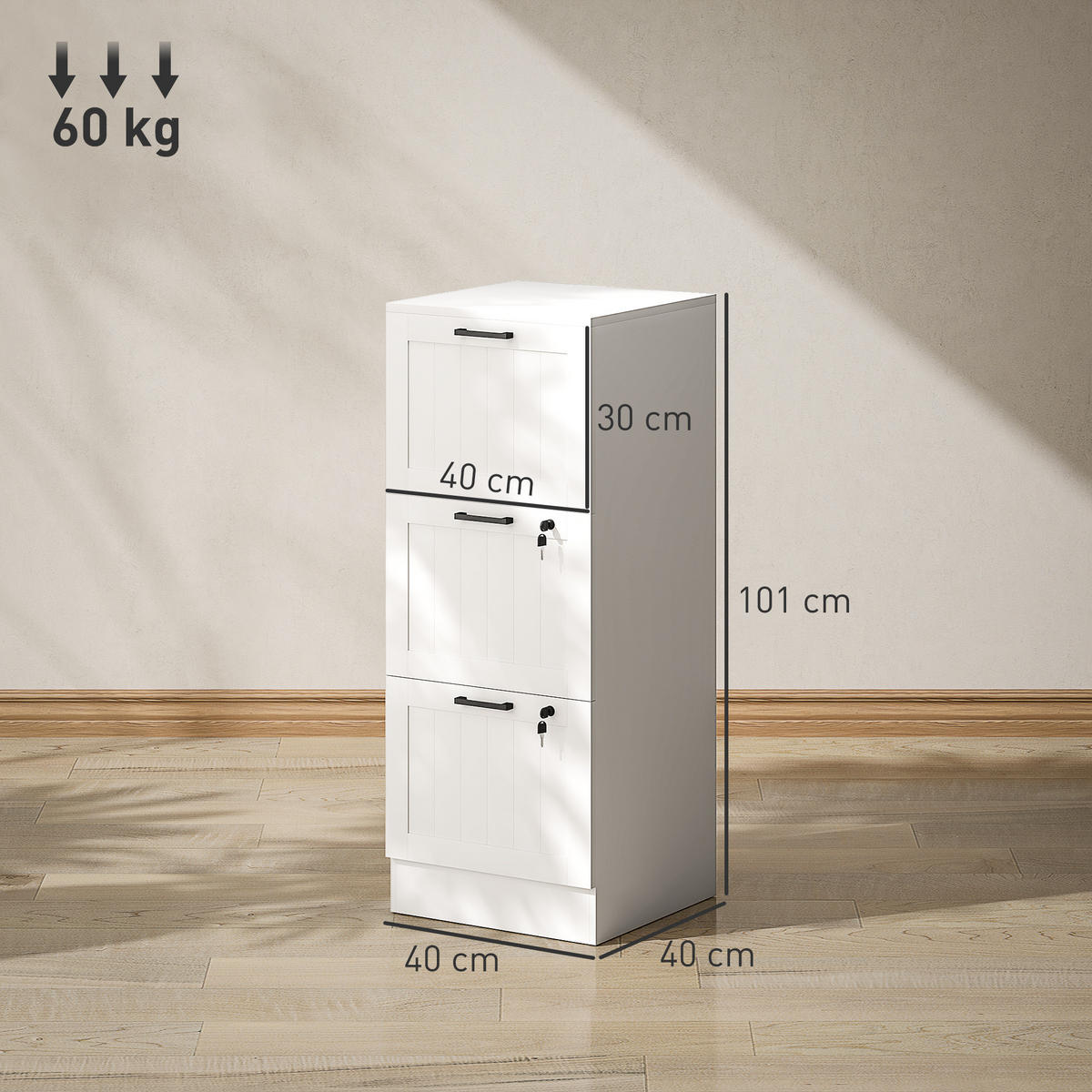 AKTENSCHRANK DE-14448 3 Schubladen abschließbar mit Hängeakten Weiß - Weiß, Holzwerkstoff (40/101/40cm) - ComfortXL